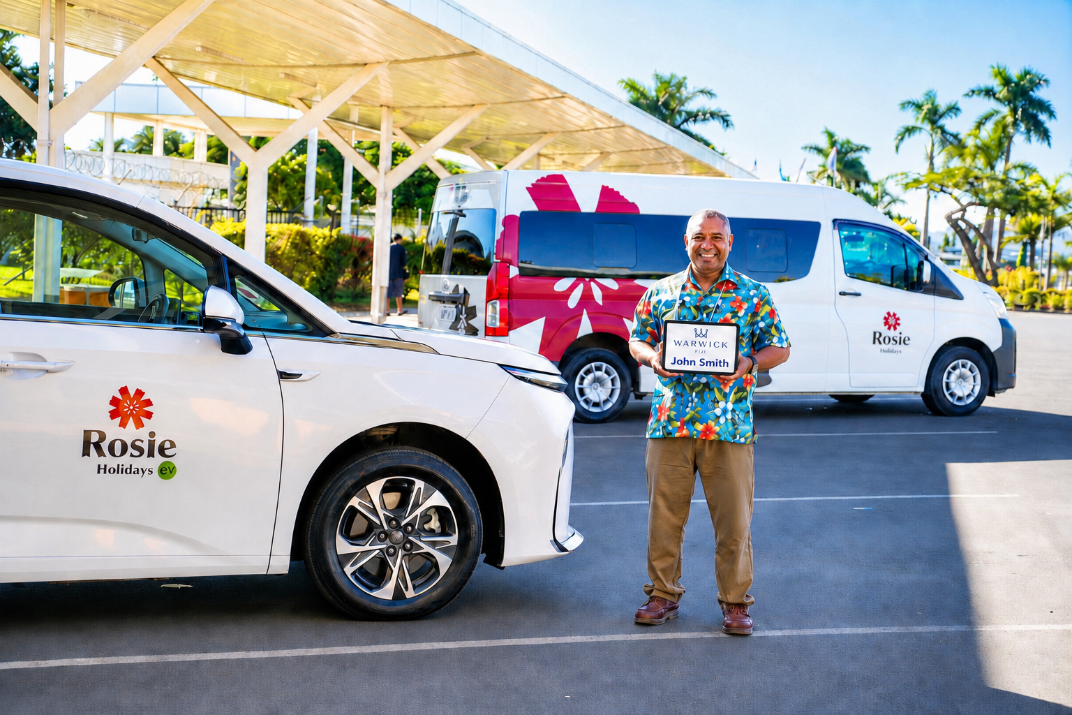 Rosie Holidays driver with Warwick Fiji sign beside EV transfer vehicles