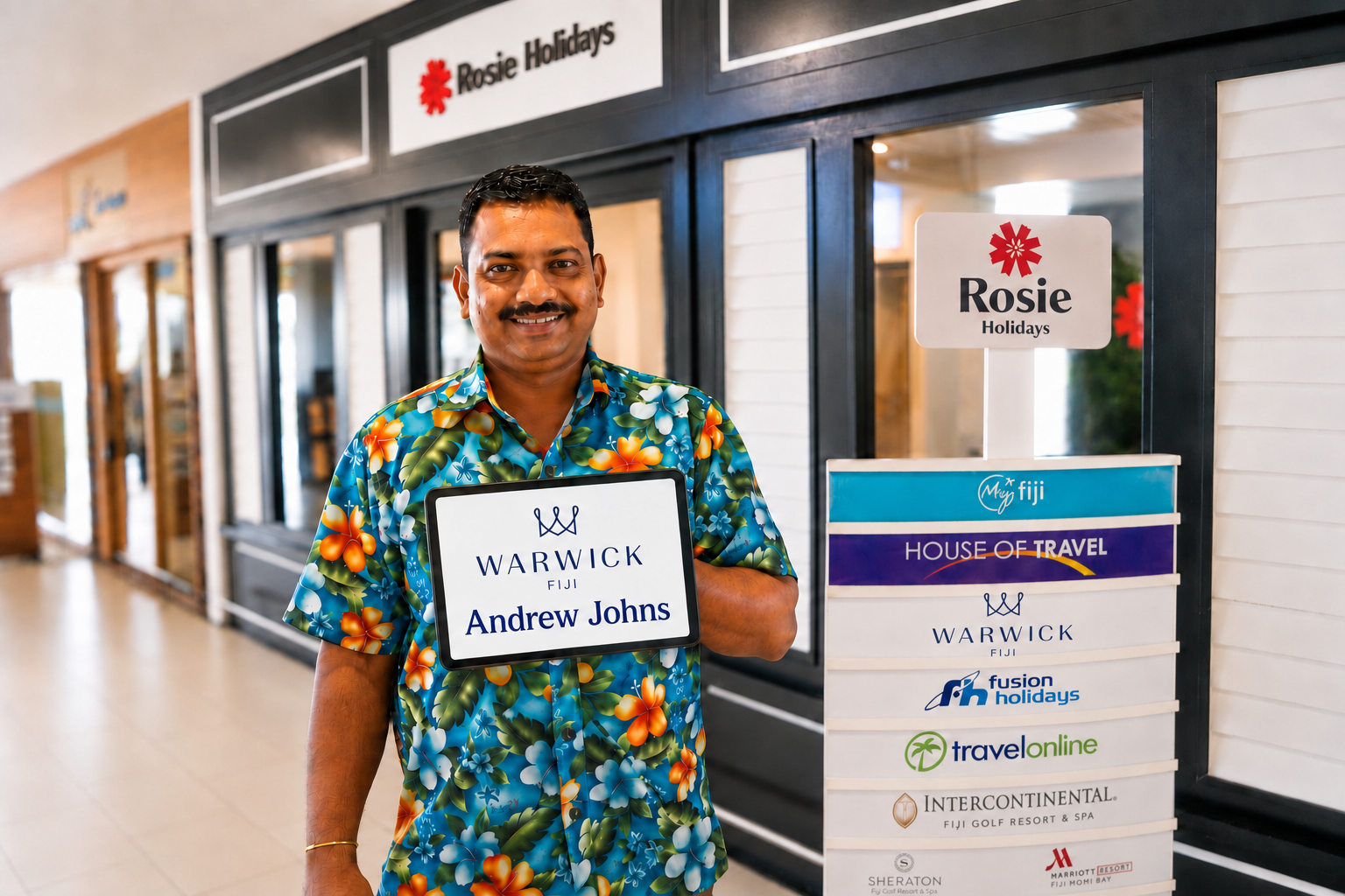 Rosie Holidays driver concierge with Warwick welcome sign at Nadi Airport